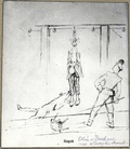 Nákres predstavujúci trest „stĺpika“ (jeden z najsurovejších trestov používaných v Dachau), ktorému sa nevyhol ani väzeň v tábore KL Dachau – kňaz Władysław Sarnik. (Zo súkromnej zbierky Marie Sarnik-Koniecznej)