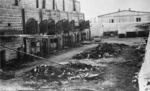 Majdanek (KL Lublin) – pozostatky zuhoľnatených tiel ležiacich pri kremačných peciach; júl 1944 po oslobodení tábora. (AIPN)